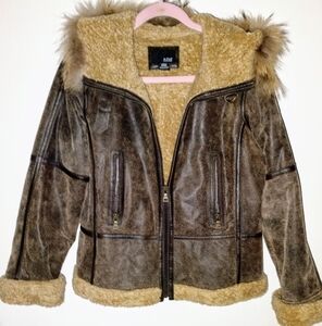 a.n.a Brown Faux-Leather Bomber Jacket with Faux-Shearling Trim